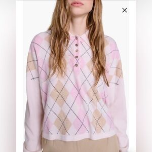 Maje Pink Argyle Wool Cashmere Collared Sweater Size 2 Small